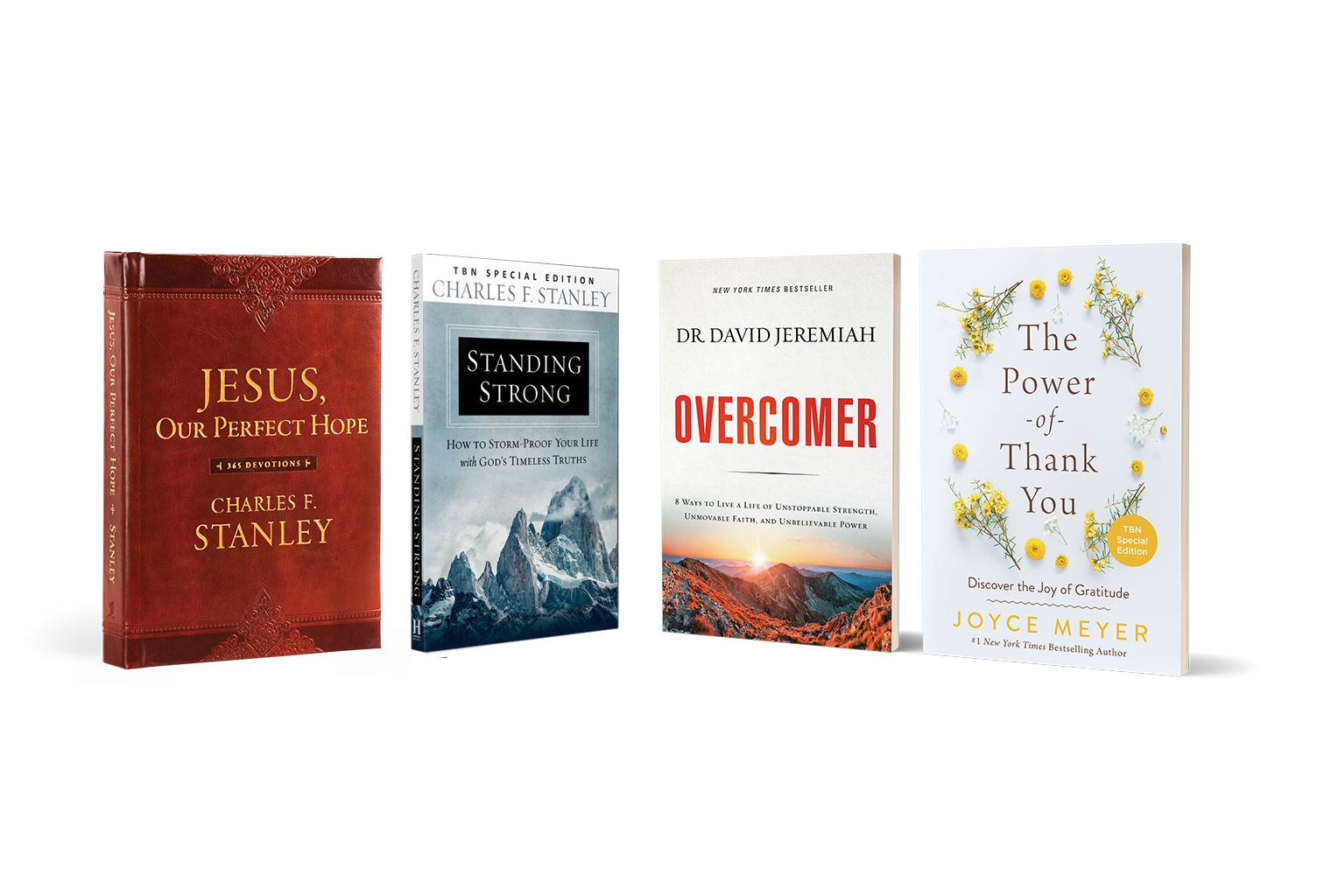Standing Strong and Jesus, Our Perfect Hope Devotional by Charles Stanley, Overcomer by David Jeremiah, Power of Thank You by Joyce Meyer from TBN